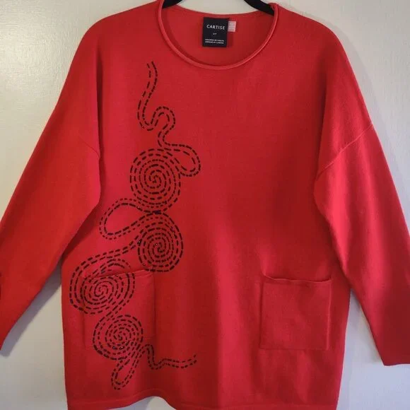 Cartise Red Sweater Top Black Sequins Festive Casual Bohemian Women Small - Picture 2 of 8